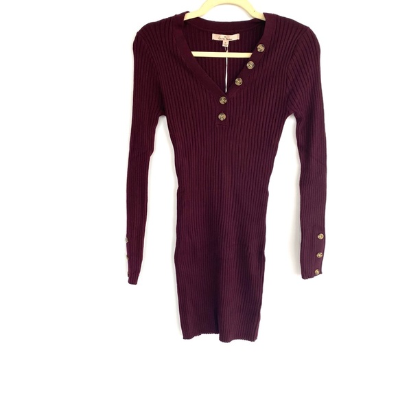 Burgundy Button Bodycon Sweater Dress - Picture 2 of 3